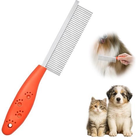 Peigne d'Animaux de Compagnie en Acier Inoxydable, Peigne Chat Poil Long, Brosse Chien Poil Long avec Prise Ergonomique, Pet Knotting Comb pour Éliminer les Cheveux Morts(Rouge)
