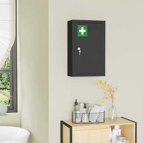 Armoire pharmacie noire métal, 3 niveaux, fermeture à clé, 46x30x14 cm