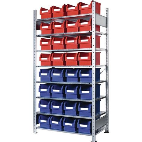 Steckregal H2000xB1000xT400mm Grundregal 8 Stahlböden 16 x Gr. 3 blau, 16 x Gr. 3 rot