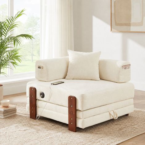 Divano letto pieghevole 84x170.5x48 cm, 2 in 1 con porte USB e Type-C, tasche laterali, tessuto beige (1/5)
