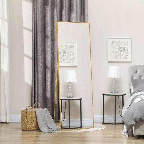 Miroir sur pied rectangulaire 177 x 77 cm, cadre aluminium doré, verre 3 mm HD, miroir mural, pour chambre salon dressing (1/5)