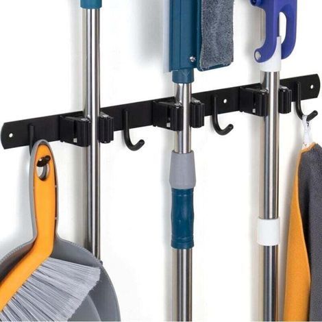 Porte-balais mural noir, porte-balais mural avec 3 supports et 4 crochets, porte-balais mural sans perçage, fixation murale pour balai avec vis, support de rangement mural pour balai, support mural po (1/4)