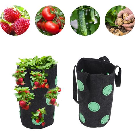 Bolsa de fieltro portátil para plantar, con 12 agujeros y asas de transporte, color negro, 20 x 35 cm, ideal para fresas. (1/5)