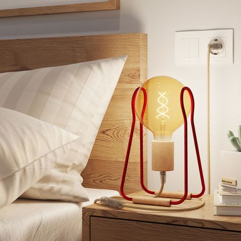 Taché Wood, lampada da tavolo completa di cavo tessile, interruttore e spina a 2 poli
