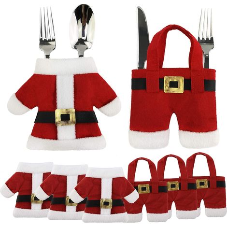 Supports Pour Couverts De Noël - Costumes De Père Noël En Tissu - Pour Fourchettes Couteaux Cuillères - 3 Pièces (6 Éléments) (1/5)
