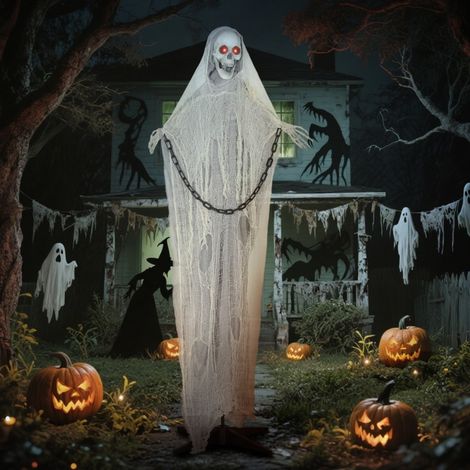 Decorazione di Halloween Mietitore Animato con Occhi LED e Suoni, Struttura in Acciaio, Grigio, 70 x 16 x 183 cm (1/5)