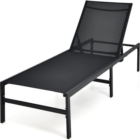 COSTWAY Transat Inclinable/Chaise Longue de Jardin-Dossier Réglable à 5 Positions en Acier&Tissu pour Piscine, Plage, Terrasse, 198x63,5x35cm, Charge 150 kg, Noir (1/5)