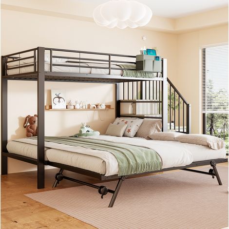 Letto a castello 90x200 cm con letto estraibile, in metallo nero, materasso non incluso (1/5)
