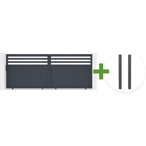 Portail coulissant 4m NEVIS H.160cm aluminium gris + 2 poteaux ELDA aluminium gris 15x15cm (1/5)