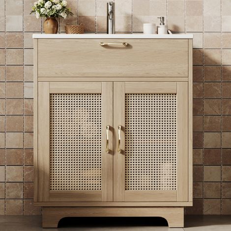 Meuble de salle de bains sur pied 76 x 46 x 88 cm, avec tiroirs à ouverture par levage et double porte à fermeture amortie, pieds hauts avec détails en rotin, vasque en céramique, finition naturelle (1/5)