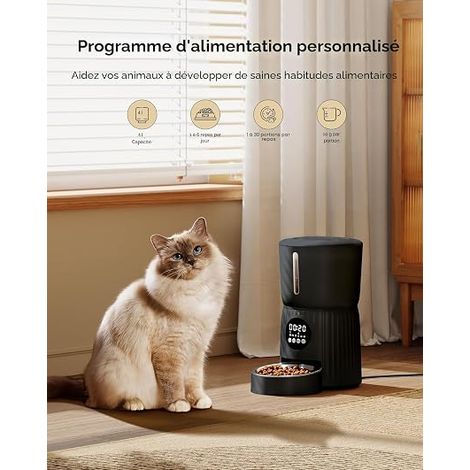 Faroro Distributeur Croquettes Chat Automatique, 4L Distributeur de Croquettes pour Chat/Chien avec 1 à 6 Repas par Jour, Contrôle des Portions, Enregistrement Vocal 10s, Alimentation Lente (Noir) (1/4)