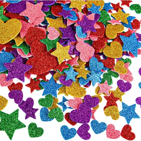 Herz- und Sternenaufkleber – 350 Stück – Glitzernder EVA-Schaum – Selbstklebend – Hochzeits- und Partydekoration – 6 Größen und Farben (1/5)