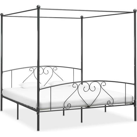 Cadre de lit à baldaquin en métal gris avec sommier à lattes 200 x 200 cm sans matelas - PANGIVO (1/5)