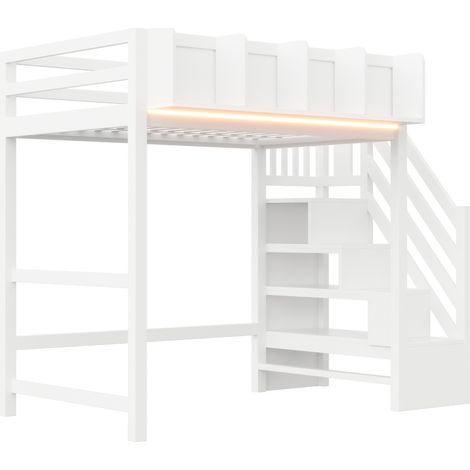 Hochbett 90 x 200 cm aus Holz mit LED, Stauraum, Leiter und Schutzgeländer, Weiß (1/5)