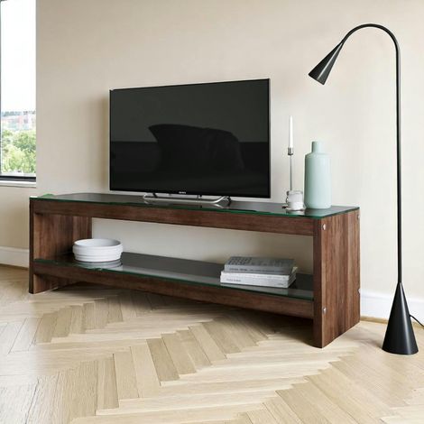 Meuble TV en bois brun et verre - 140 cm LHASA (1/5)