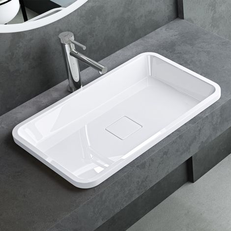 Mai & Mai Vasque à Encastrer Blanc Rectangulaire 60cm Lavabo Salle de Bain Évier Lave Mains avec Cache Bonde Col104 (1/5)