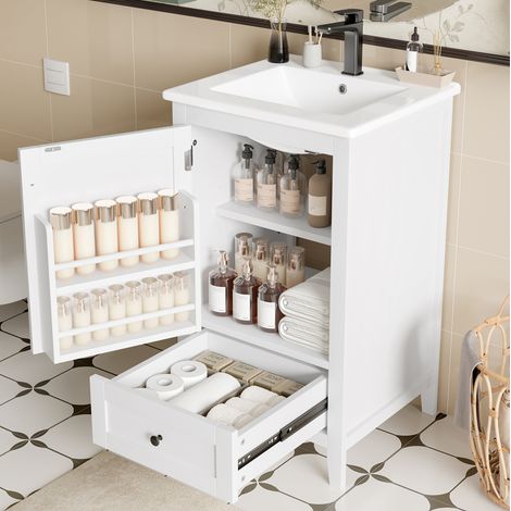Mueble lavabo 51x46x85 cm MDF cerámica blanco con almacenamiento para baño – MEUBLIV (1/5)