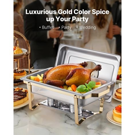 Chauffe-Plat Rectangulaire 4PCs 7,5 L, Buffet Chauffant avec 4 Bacs Pleine Taille, Réchaud en Acier Inoxydable, Couvercle en Verre, pour Buffet Libre-Service Hôtel Traiteur Restauration, Doré (1/5)