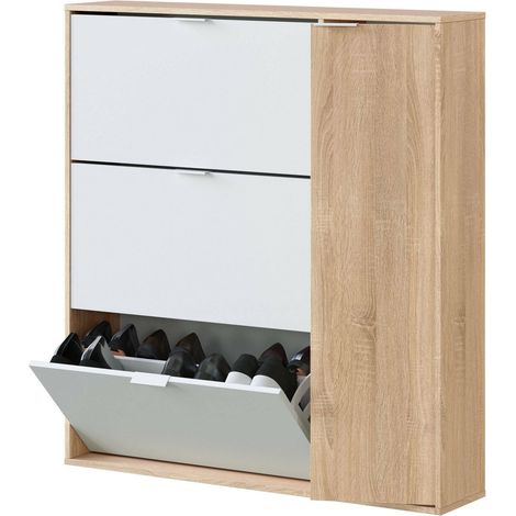 Schuhschrank Provo, Schuhschrank mit 4 Türen, Niedriger Mehrzweckschrank mit 5 Einlegeböden, Modernes Schuhregal, cm 106x22h115, Eiche und Weiß (1/5)