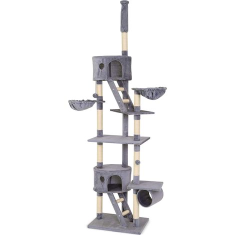 Arbre à Chat XXL avec sisal et Peluche, Hauteur 230–250 cm, avec balles en Peluche avec grelot, hamacs, Tunnel et niches, adapté aux Petits et Grands Chats, Gris Clair (1/5)
