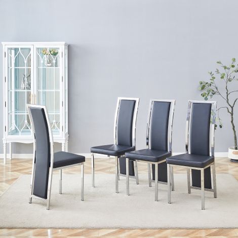 [Set di 4] Sedie da pranzo minimaliste europee con finiture argentate. Pelle sintetica nera + struttura in metallo argentato lucido, altezza 109 cm, adatte a diversi ambienti come sale da pranzo, uffi