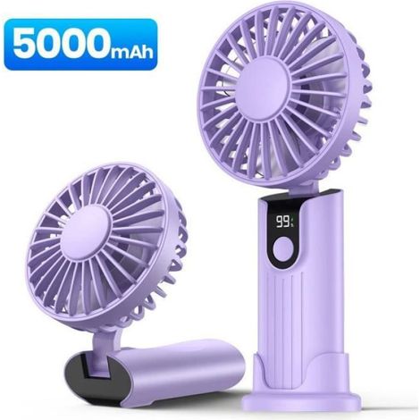 Ventilateur Portable - Batterie 5000 mAh - USB Rechargeable - Pliable - Affichage Numérique - Violet - 1 Pièce