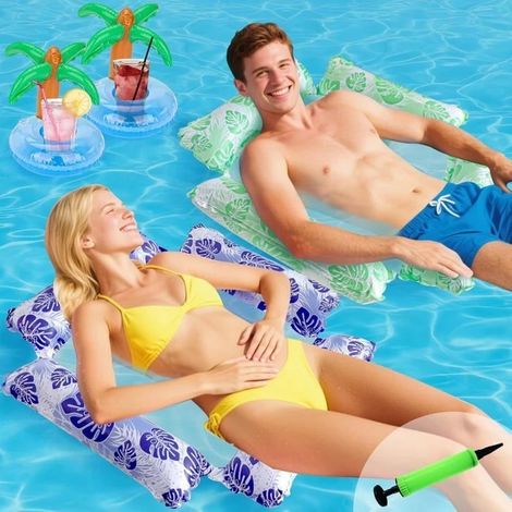 (Bleu + Vert) Lot de 2 hamacs gonflables 4 en 1 avec glacière en forme de palmier et filet, idéal pour la plage, la piscine et les vacances. (1/5)