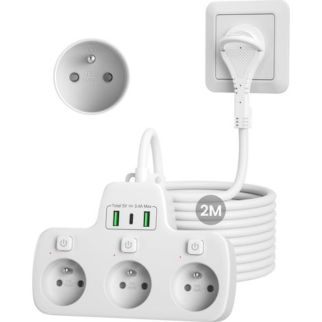 Multiprise Extra-Plate, 3 Prises Française Frontales avec Terre 16A 2P+T  Prise Multiple Murale USB C Chargeur,Triplette Electrique Interrupteur Individuel,Fiche Plate Derriere Meuble,2M Câble,Blanc (1/5)
