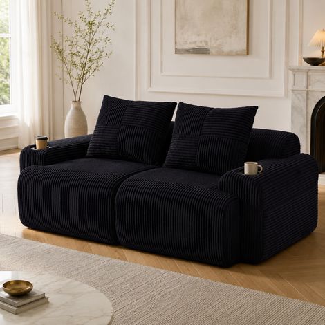 Canapé Modulable 2 Places Velours Côtelé Noir avec Porte-Gobelet et Poche 200 x 99 x 80 cm -PANGIVO (1/5)