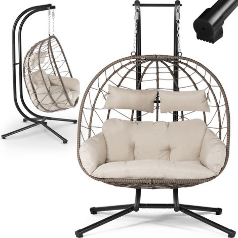 Juskys Doppelhängesessel Aria - Polyrattan Hängesessel mit Gestell & Kissen - Schaukel für zwei Personen - Outdoor Indoor Sessel - XXL Korb Beige (1/5)