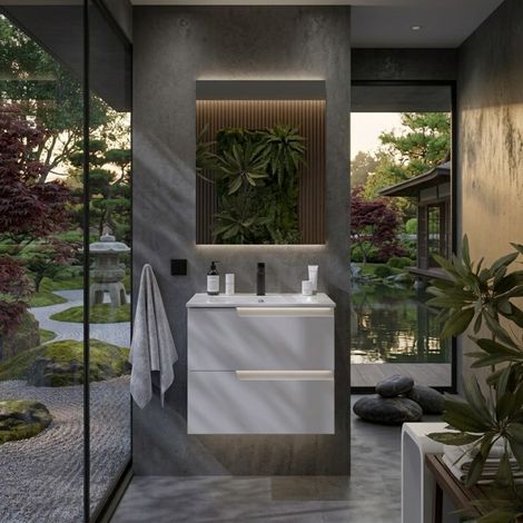 Meuble de salle de bain suspendu 60 cm avec 2 tiroirs et lavabo inclus, blanc satiné – Gena