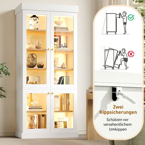 Meuble de rangement haut sur pieds avec éclairage LED intégré, vitrine en verre, agencement intérieur optimisé, antidévissage, stable et polyvalent pour la maison, blanc. (1/5)