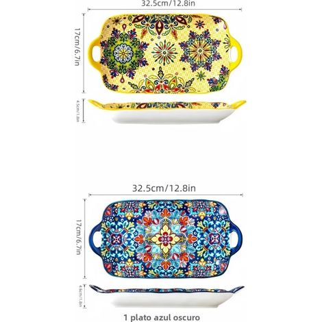 (Une jaune et une bleue) Assiette plate rectangulaire en céramique de style bohème en forme de poisson, 12,8 pouces, chauffante. (1/5)
