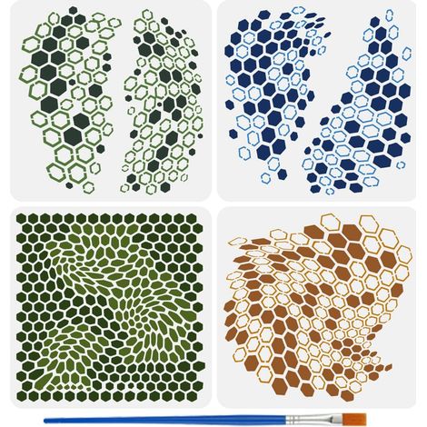 4 Pcs Pochoirs de Motif Camouflage Hexagonal avec Pinceau 30x30cm Quatre Motifs de Camouflage Différents Composés d'Hexagones Réutilisables Gabarit de Motif pour sur Bois Mur Meuble (1/5)