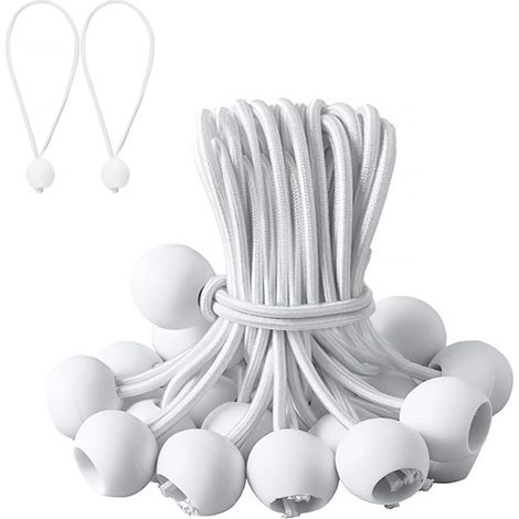 Lot de 50 tendeurs en caoutchouc courts avec boule, 20 cm, pour bâches, tentes, bannières, filets, pavillons (blanc) (1/5)