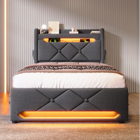 Cama individual con almacenaje LED y USB gris OKMYHOME (1/5)