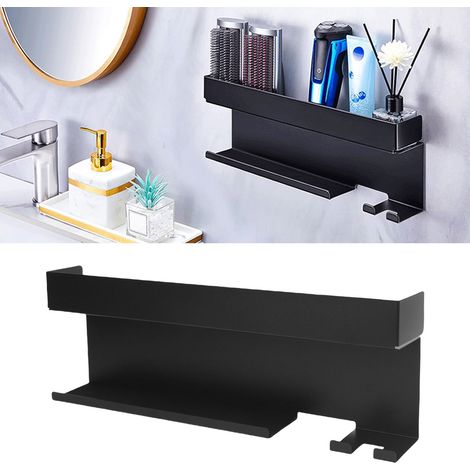 Porte-sèche-cheveux mural autocollant Organisateur multifonction avec grille en acier noir Pour 7 accessoires et cordons électriques (1/5)