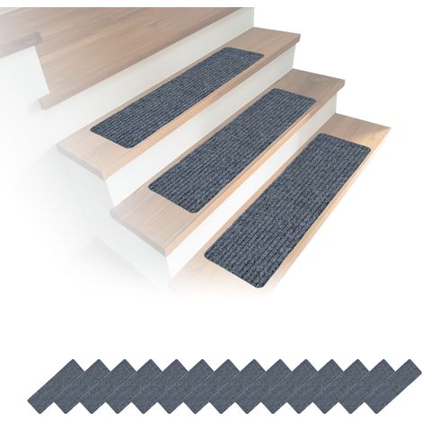 Relaxdays Stufenmatten 16er Set, rechteckige Treppenstufenmatten, 65 x 20 cm, selbsthaftende Treppenteppiche, hellgrau
