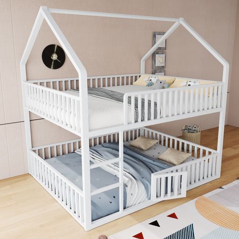 Lit superposé enfant métal 140x200 cm, Lit Enfant 2 Places avec Escalier, Design Loft, Lit Inférieur avec Petite Porte – Blanc – BATDTECH (1/5)