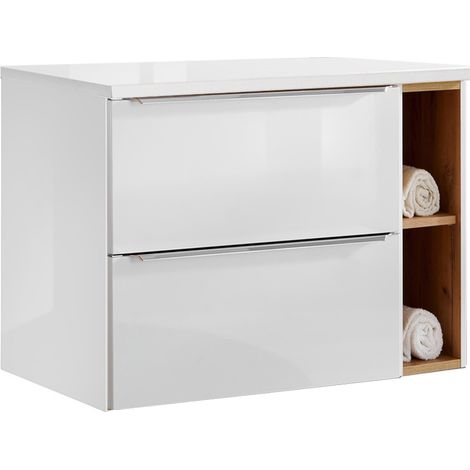 Waschtischunterschrank 81cm mit 2 Auszügen und Regal TOSKANA-56 in Hochglanz weiß mit Wotaneiche, B/H/T ca. 81/59,5/46 cm (1/5)