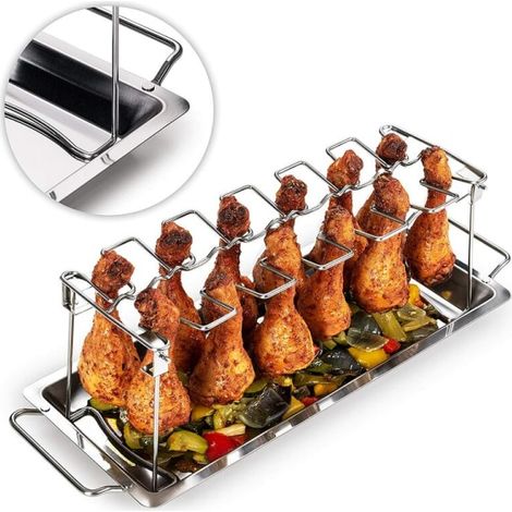 Grille de barbecue pour cuisses de poulet rôties, plateau de cuisson inclus, support de rôtisserie en acier, gril double face, accessoire de cuisson extérieur (1/5)