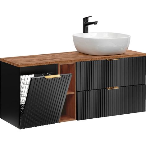 Mueble lavabo individual 140cm 2 compartimientos cesto Adriel Negro y Madera (1/4)
