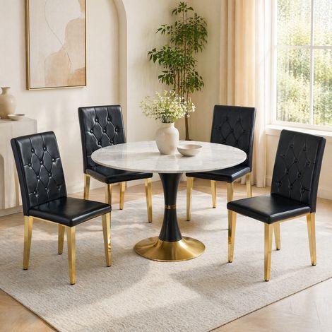 Chaise de salle à manger, lot de 4, PU noir et pieds en métal doré DESVIAE (1/5)