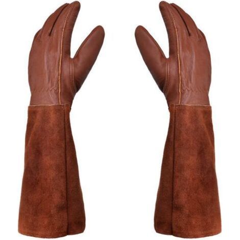 Gants de jardinage - Paire de gants de jardinage - Protection cuir - Gants longs de jardinage à épines résistants aux perforations et aux coupures et gants de soudage TIG pour apiculture - Marron - L (1/5)