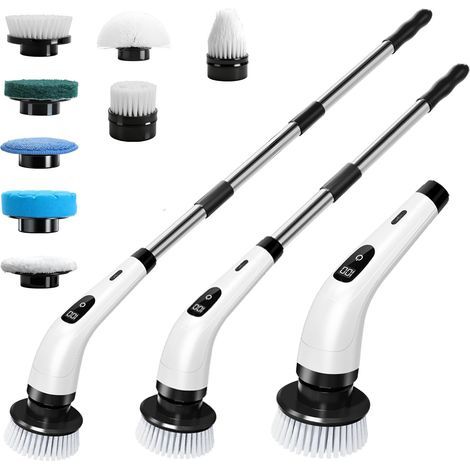 Brosse à récurer électrique, Brosse de Nettoyage sans Fil avec 8 têtes, Manche Long télescopique, Brosse nettoyante Rechargeable, Charge USB-C, pour Sol,Salle de Bain, Cuisine, Douche et Baignoire (1/5)