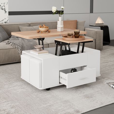 Table basse réglable en hauteur, table de canapé mobile, 4-en-1 convertible en table à manger, meuble salon avec tiroirs, 4 tabourets inclus, blanc + bois naturel (1/5)