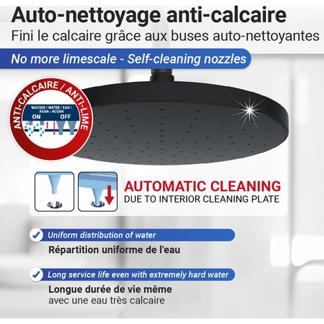 WENKO Soffione doccia effetto pioggia Automatic Cleaning anticalcare, doccetta italiana con ugelli autopulenti, attacco universale 1/2", design rotondo, Plastica, ø22,5 cm, nero (1/5)