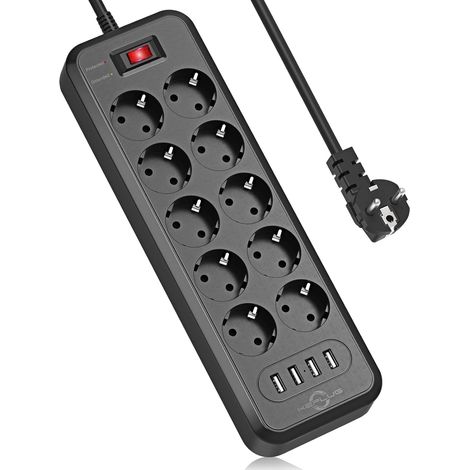 Multiprise Electrique 4000W avec 10 Prises et 4 Ports USB (2.4A), 2M Cordon Multi Prise avec Interrupteur, Multiprise Parafoudre Parasurtenseur Prise Multiple pour Maison Bureau (1/5)
