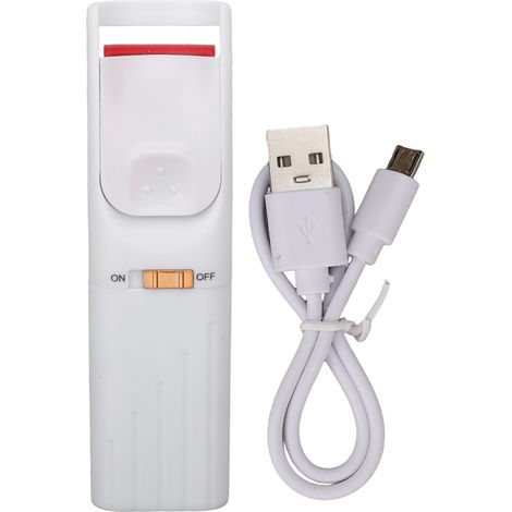 Recourbe-cils électrique rechargeable blanc avec coussinet en silicone chauffant pour des cils parfaitement courbés. (1/5)