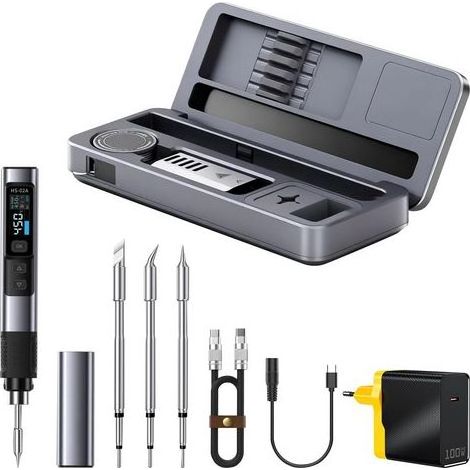 HS-02A Kit de fer à souder portable 100 W, mini-fer à souder numérique intelligent fer à souder DC/PD pour réparations électroniques chauffage rapide de 100 à 450 °C (3 pointes de fer à souder) (1/5)